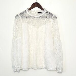 White Lace Blouse Long Sleeve Sheer Overlay Romantic Boho Cottagecore Size 4